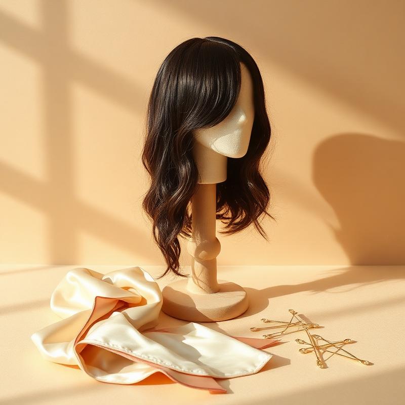 A Bella Hairz wig on a stand beside a silk wrap and gold pins